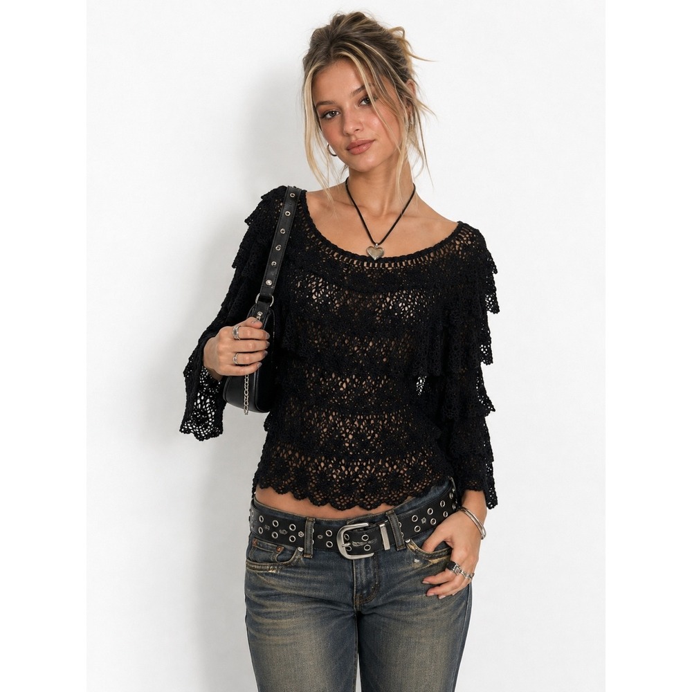 Y2K Crochet Lace Tiered Ruffle Top L/XL Black Boho Gothic Bell Sleeve